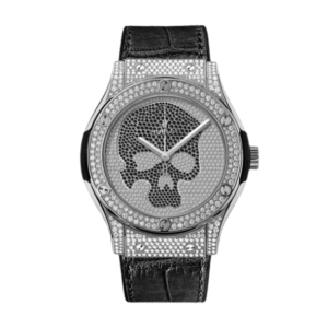 Hublot Classic Fusion SKULL Full Diamonds Moissanite Pave 42mm Black Dial – Handcrafted Diamod