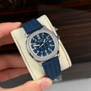 Alternative view of Patek Philippe Aquanaut 5067A-025 35.6mm Blue Dial Diamond Bezel Moissanite Steel – Customize Version
