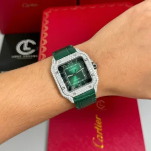 Cartier Santos De Cartier WSSA0062 Green Dial Custom Full Moissanite – Handcrafted Diamod - Görsel 4