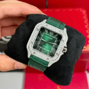Cartier Santos De Cartier WSSA0062 Green Dial Custom Full Moissanite – Handcrafted Diamod - Görsel 3