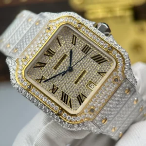 Cartier Santos de Cartie Larger Full Diamond Demi Yellow Gold 39.8mm – Handcrafted Diamod - Görsel 5