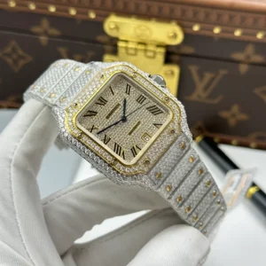 Cartier Santos de Cartie Larger Full Diamond Demi Yellow Gold 39.8mm – Handcrafted Diamod - Görsel 4
